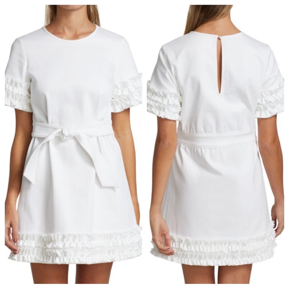 cinq a sept easton denim belted a-line mini dress